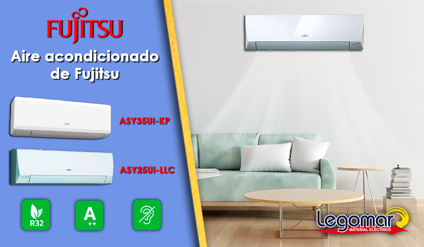 La mitad izquierda de la imagen muestra los modelos ASY35UI-KP y ASY25UI-LLC de Fujitsu con especificaciones técnicas. La parte derecha de la imagen es un salón con un aire acondicionado de Fujitsu en la pared.